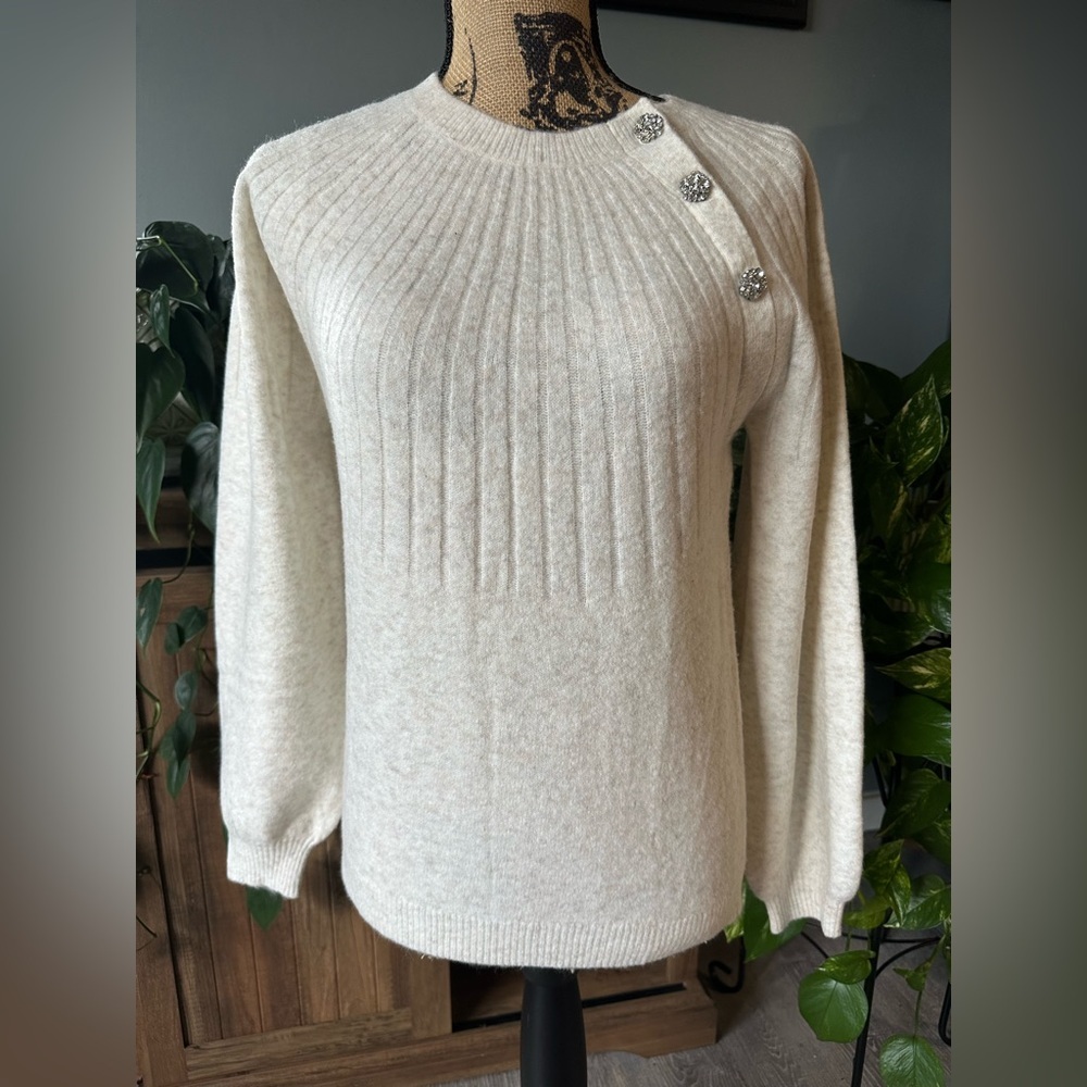 LOFT Cream Sweater with Rhinestone Buttons. NWOT.